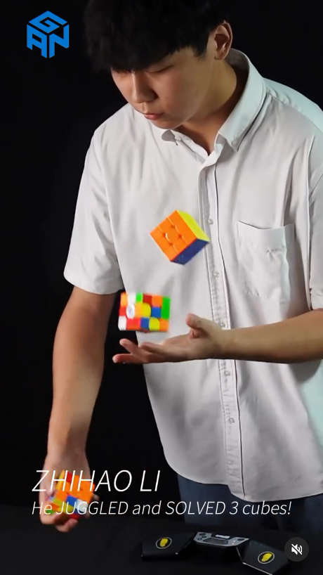 ZhiHao Li solves 3 cubes in under 2 minutes while juggling them.